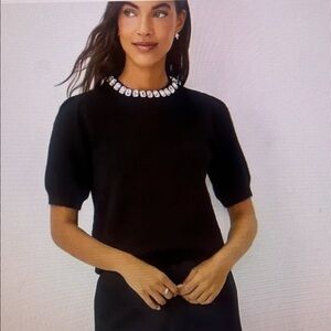 Ann Taylor Jeweled Neck Black Sweater Short Sleeved  Size XS
